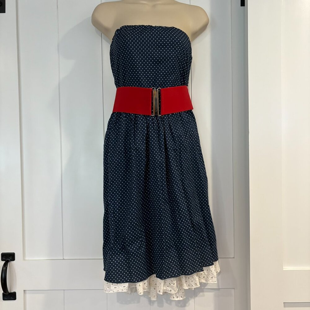 Vintage Charlotte Russe strapless dress, navy dots with wide red belt, size S